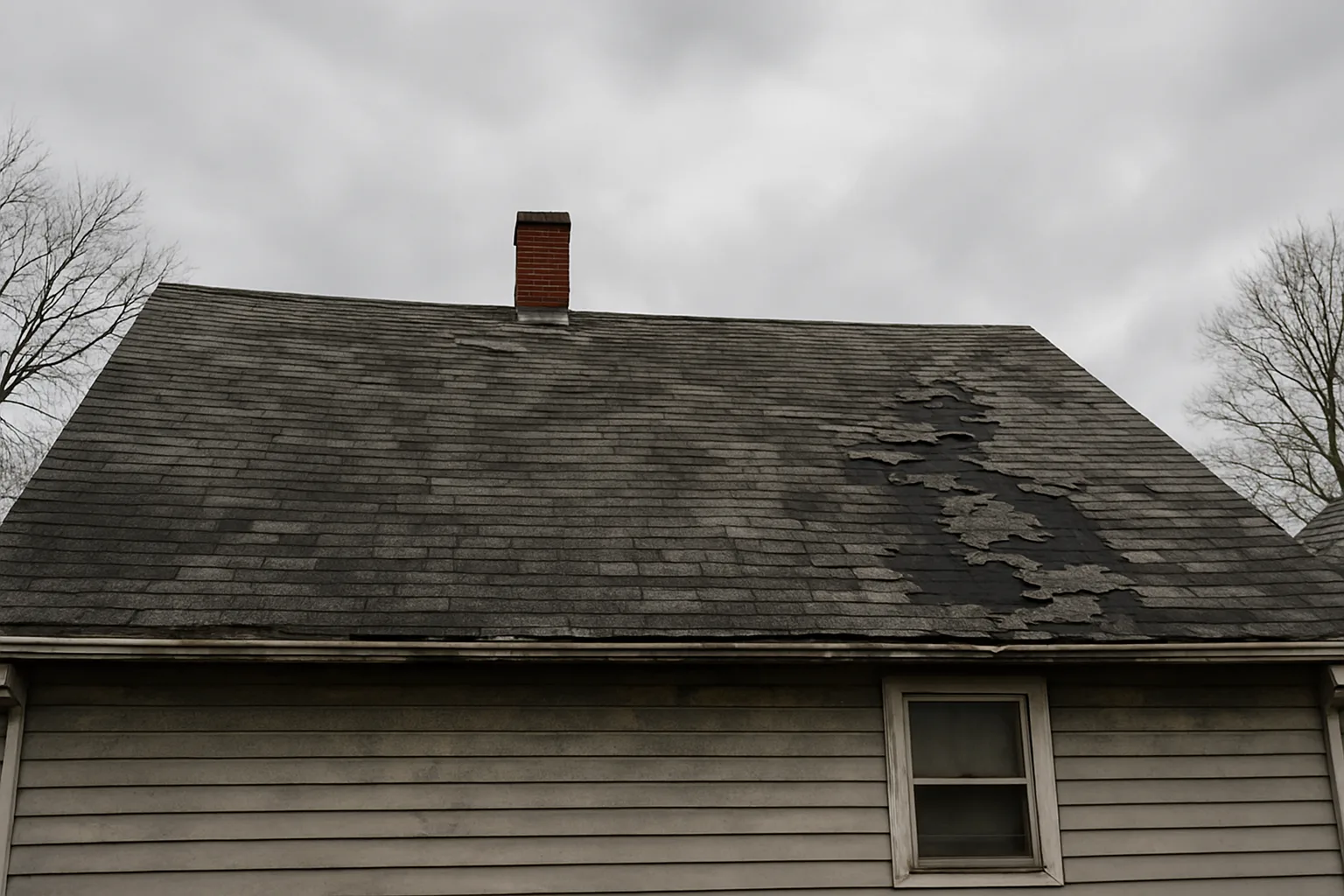 Damaged residential roof before repair